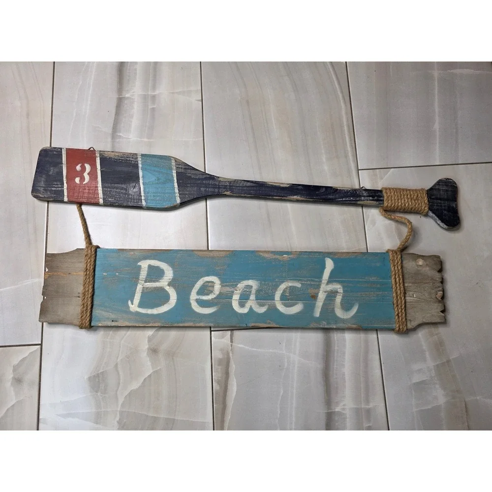 Rustic Wooden Beach Sign with Oar Nautical Wall Decor‎ Distressed Coastal Art